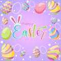 Happy Easter! Vector isolated illustration with eggs and lettering text on violet background Royalty Free Stock Photo